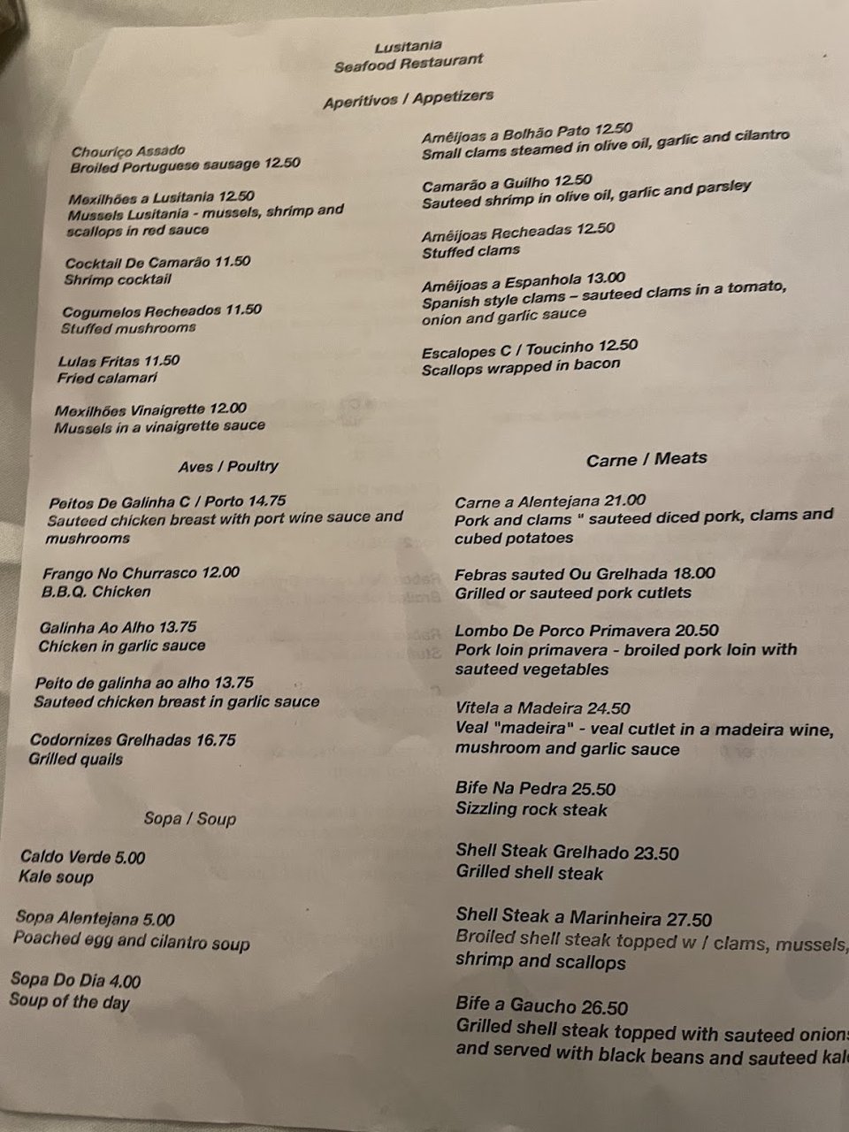 Menu layout with soup and appetizer sections